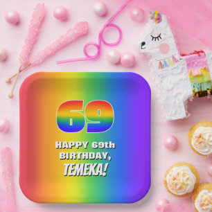 69th Birthday: Colourful, Fun Rainbow Pattern # 69 Paper Plate