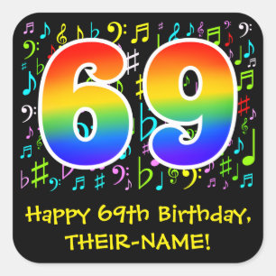 69th Birthday: Colourful Music Symbols, Rainbow 69 Square Sticker