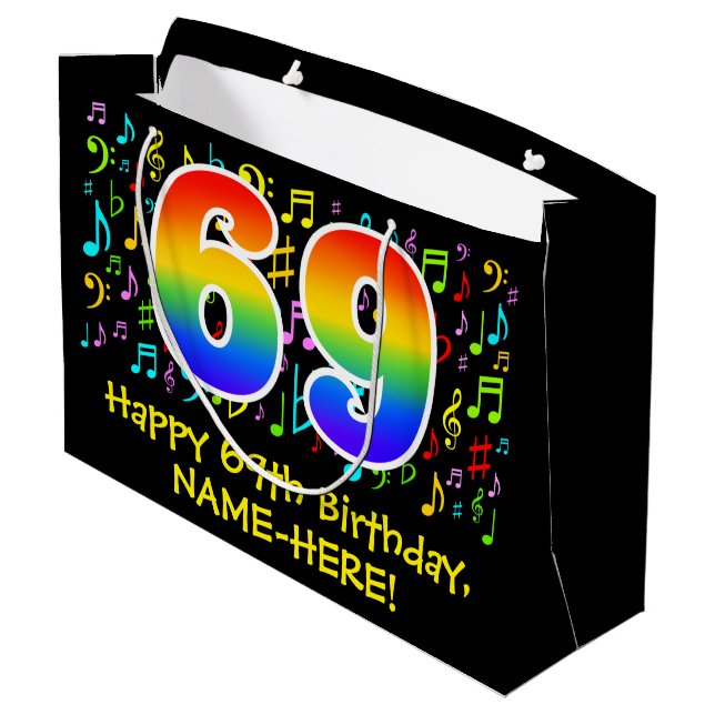 69th Birthday - Colourful Music Symbols, Rainbow 6 Large Gift Bag (Back Angled)