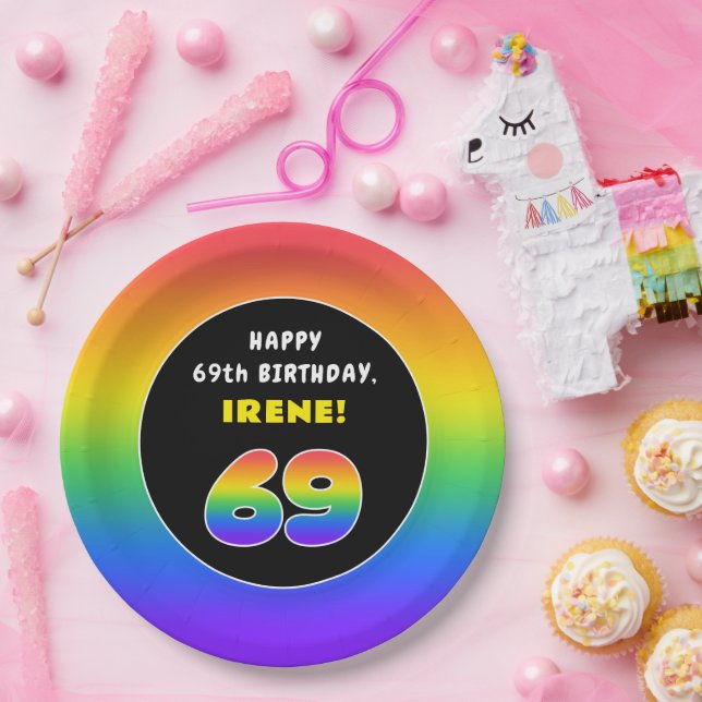 69th Birthday: Colourful Rainbow # 69, Custom Name Paper Plate (Party)