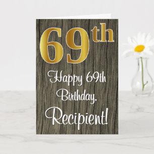 69th Birthday: Elegant Faux Gold Look #, Faux Wood Card