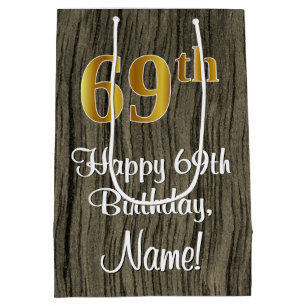 69th Birthday: Elegant Faux Gold Look #, Faux Wood Medium Gift Bag