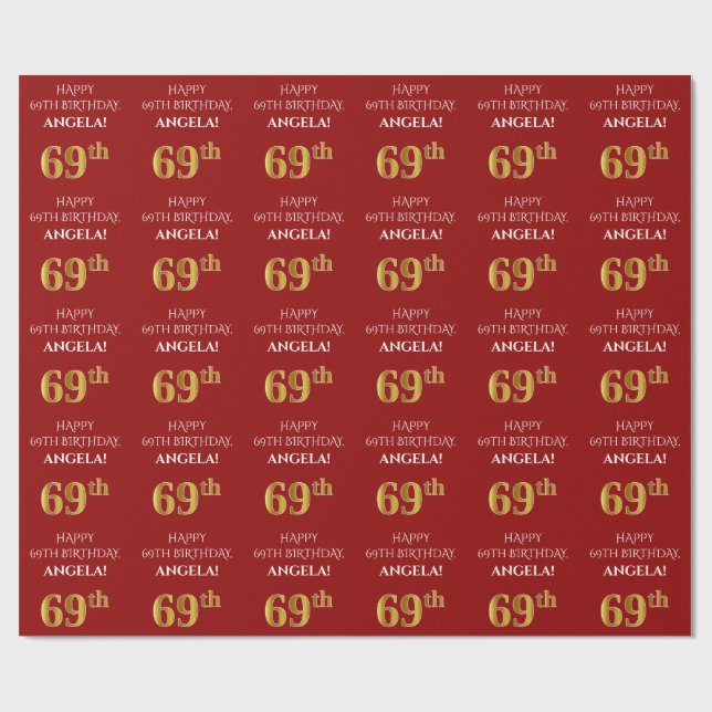 69th Birthday: Elegant, Red, Faux Gold Look Wrapping Paper (Flat)