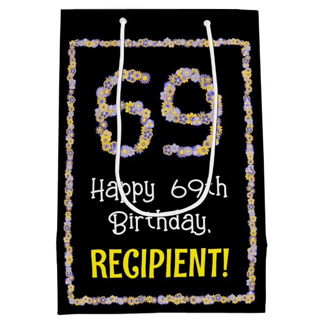 69th Birthday: Floral Flowers Number, Custom Name Medium Gift Bag (Back)