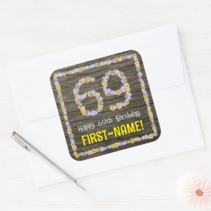 69th Birthday: Floral Number, Faux Wood Look, Name Square Sticker