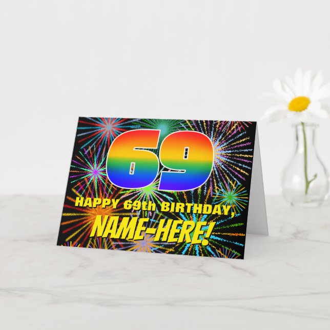 69th Birthday: Fun, Colourful Celebratory Firework Card (Small Plant)