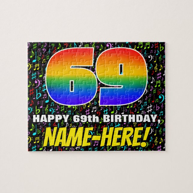 69th Birthday — Fun, Colourful Music Symbols & “69 Jigsaw Puzzle (Horizontal)