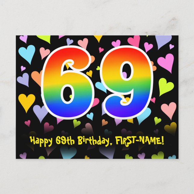 69th Birthday: Fun Hearts Pattern, Rainbow 69 Postcard (Front)