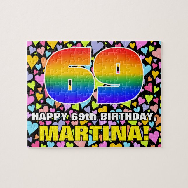 69th Birthday — Fun, Loving Heart Shapes + “69” Jigsaw Puzzle (Horizontal)