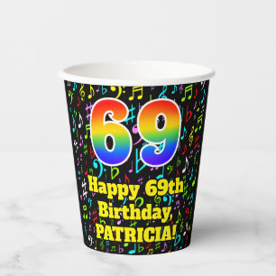 69th Birthday: Fun Music Notes Pattern, Rainbow 69 Paper Cups