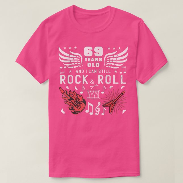69th Birthday Gag Turning 69 Years Old Guitar Drum T-Shirt (Design Front)
