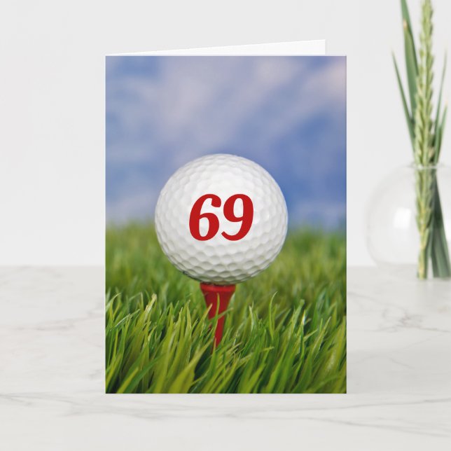 69th Birthday Golf Ball on Red Tee  Card (Front)