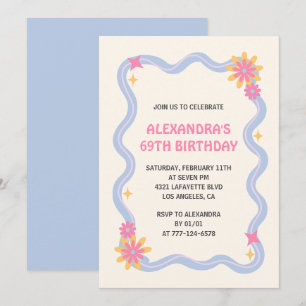 69th birthday invitation Retro Groovy Blue Flowers