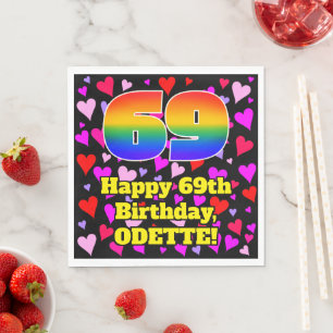 69th Birthday: Loving Hearts Pattern, Rainbow # 69 Napkin