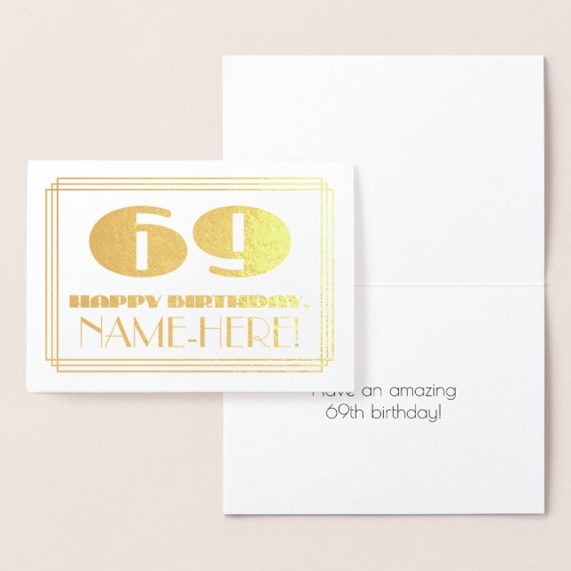 69th Birthday; Name + Art Deco Inspired Look "69" Foil Card (Display)
