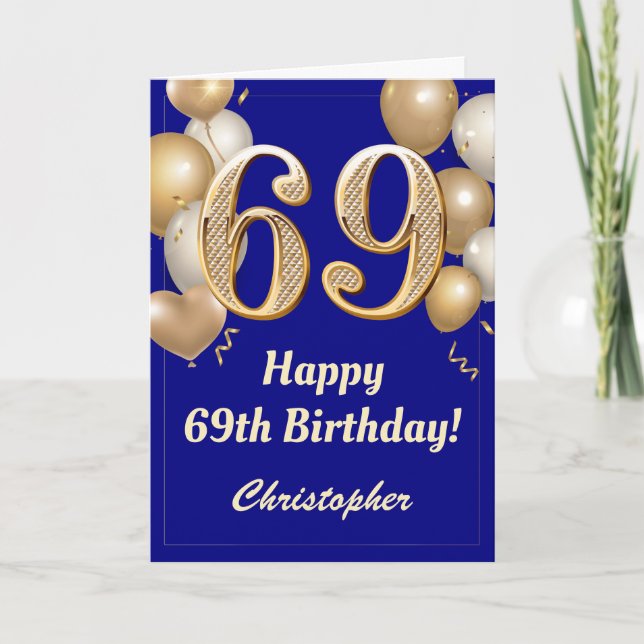 69th Birthday Navy Blue and Gold Balloons Confetti Card (Front)