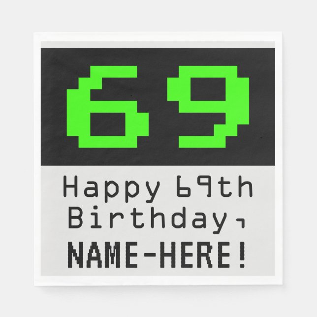 69th Birthday - Nerdy / Geeky Style "69" & Name Napkin (Front)