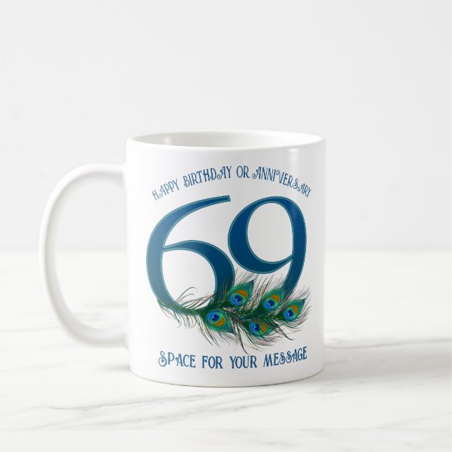 69th Birthday Or Anniversary Peacock Feather Coffee Mug (Left)