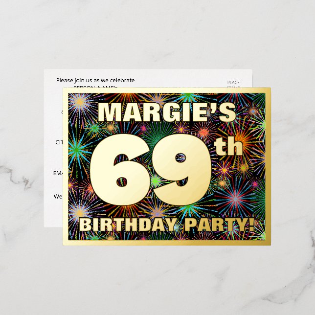 69th Birthday Party: Bold, Colourful Fireworks Loo Foil Invitation Postcard (Front/Back)