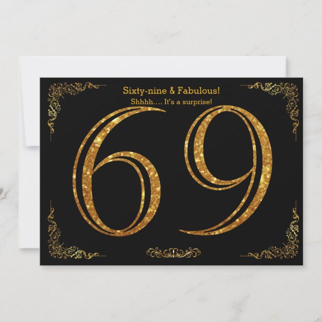 69th Birthday party,Gatsby styl,black gold glitter Invitation (Front)