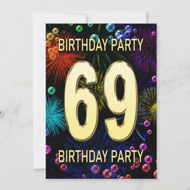 69th Birthday Party Invitation Fireworks Bubbles (Front)