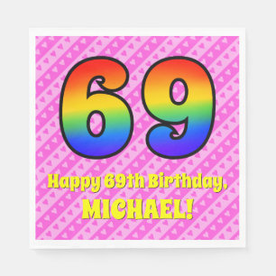 69th Birthday: Pink Stripes & Hearts, Rainbow # 69 Napkin