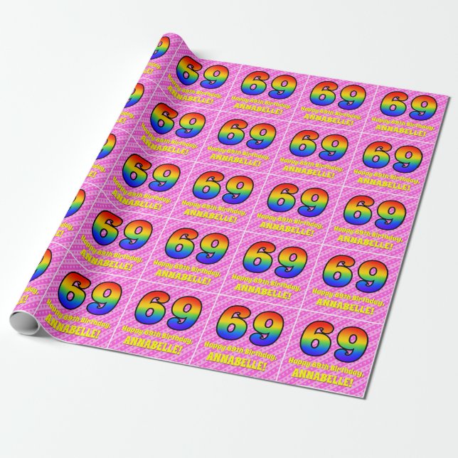 69th Birthday: Pink Stripes & Hearts, Rainbow # 69 Wrapping Paper (Unrolled)
