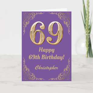 69th Birthday Purple and Gold Glitter Frame Card