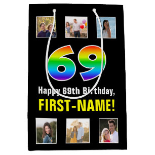 69th Birthday: Rainbow “69“, Custom Photos & Name Medium Gift Bag