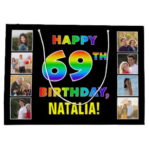 69th Birthday: Rainbow Text, Custom Photos & Name Large Gift Bag