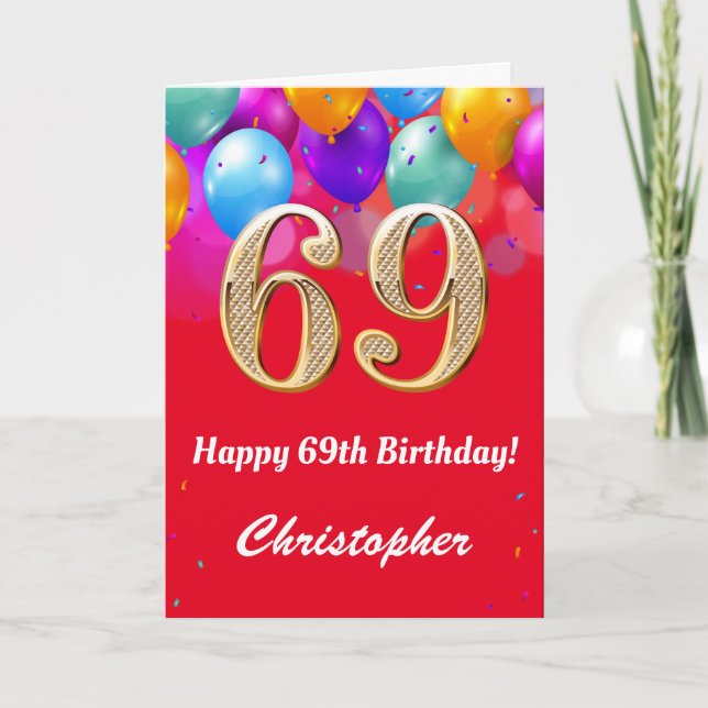 69th Birthday Red and Gold Colourful Balloons Card (Front)