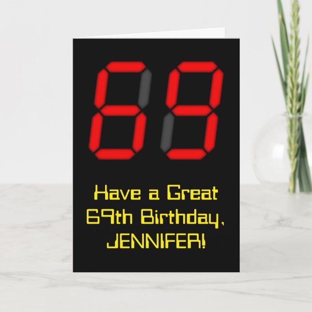 69th Birthday: Red Digital Clock Style "69" + Name Card (Front)
