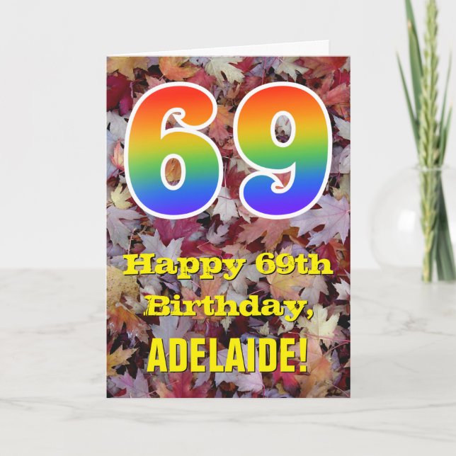 69th Birthday; Rustic Autumn Leaves; Rainbow "69" Card (Front)