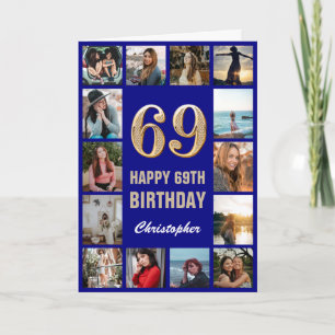 69th Happy Birthday Navy Blue & Gold Photo Collage Card