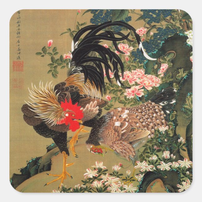 6. 紫陽花双鶏図, 若冲 Hydrangea and Rooster, Jakuchū Square Sticker (Front)