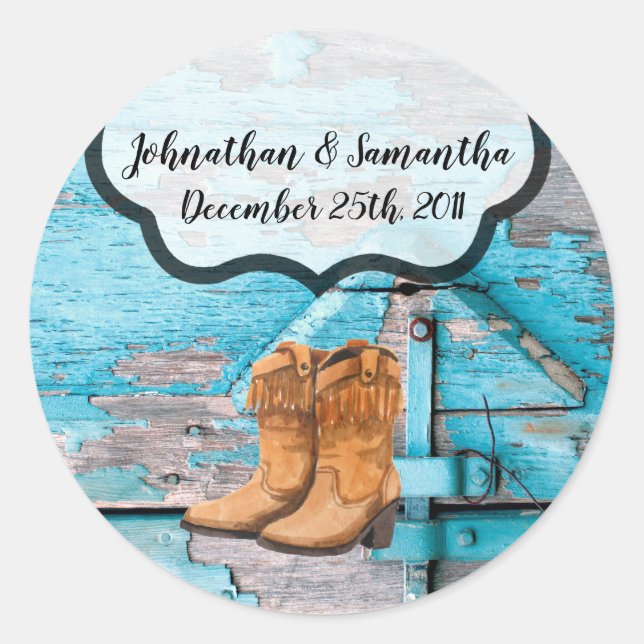 6 - 3"  Favour Stickers Blue Wood Barn Door Boots (Front)