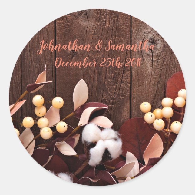 6 - 3"  Favour Stickers Cotton Branch on Dark Wood (Front)