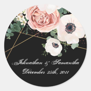 6 - 3" Favour Stickers Geometric Garden Rose Blac