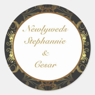 6 - 3" Favour Stickers Gold and Black Damask