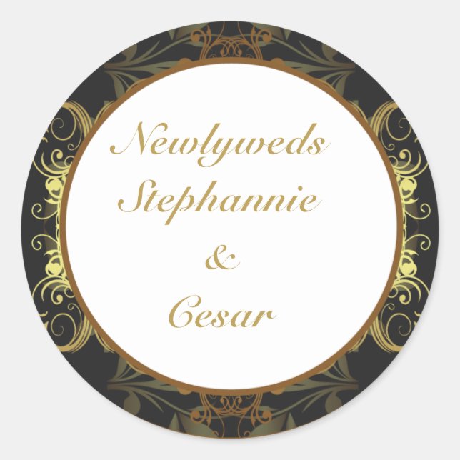 6 - 3" Favour Stickers Gold and Black Damask (Front)
