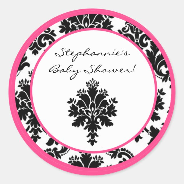 6 - 3"  Favour Stickers Hot Pink Black Damask (Front)