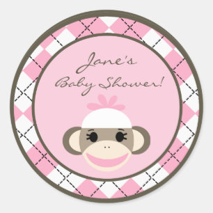 6 - 3" Favour Stickers Pink Argyle Sock Monkey