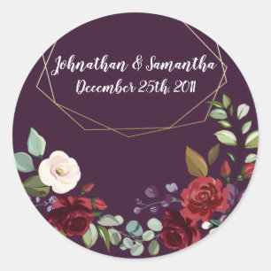 6 - 3" Favour Stickers Plum Purple Roses Gold Geo