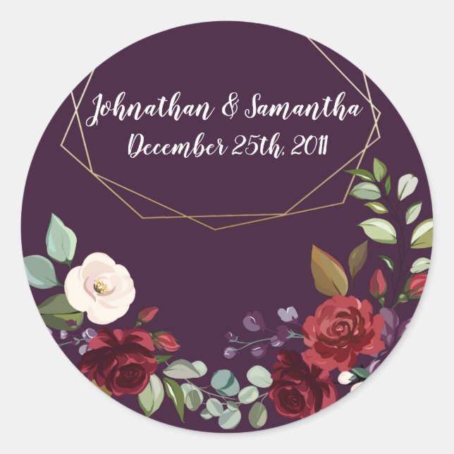 6 - 3"  Favour Stickers Plum Purple Roses Gold Geo (Front)