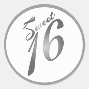 6 - 3" Favour Stickers Sweet 16 White Silver Part
