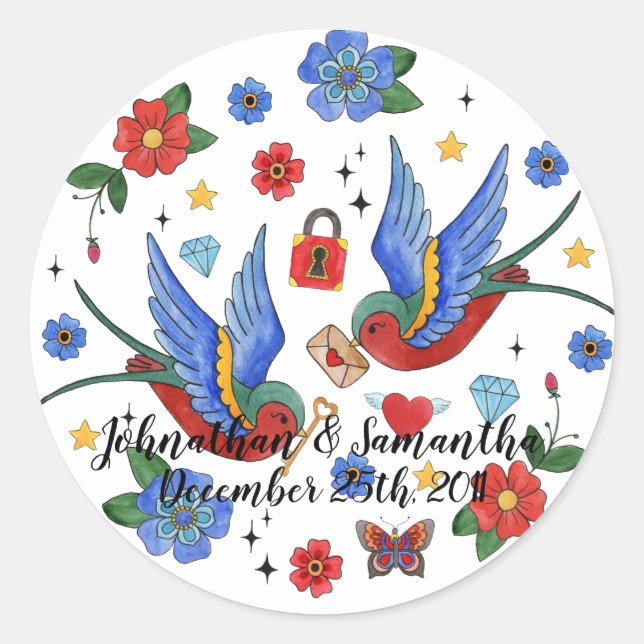 6 - 3" Favour Stickers Traditional Bird Tattoo Spa (Front)