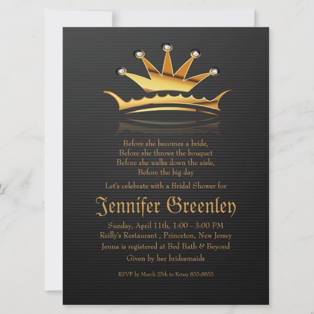 6.5" x 8.75" Gold Royal Queen Crown Invitation (Front)