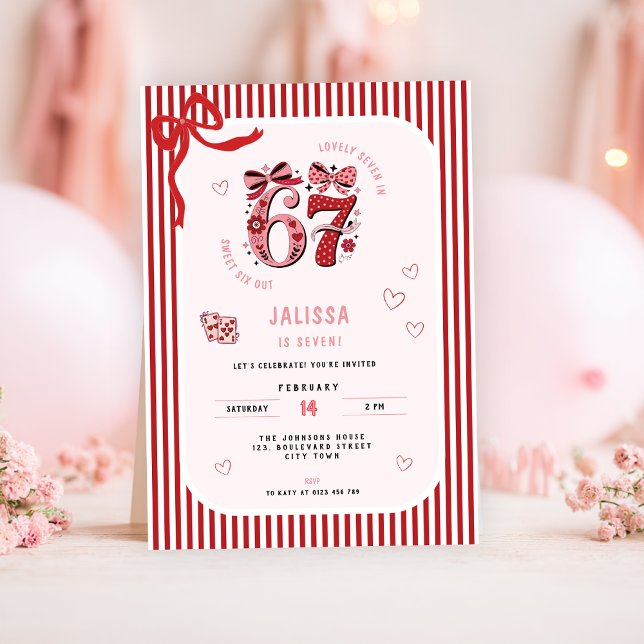 6 7 Birthday for Girls, Pink Kids 7th Birthday Invitation (pink 6 7 kids girl's birthday party invitation)