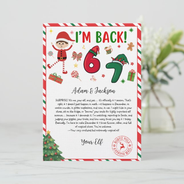 6 7 elf arrival letter - funny elf letter - 67  invitation (Standing Front)