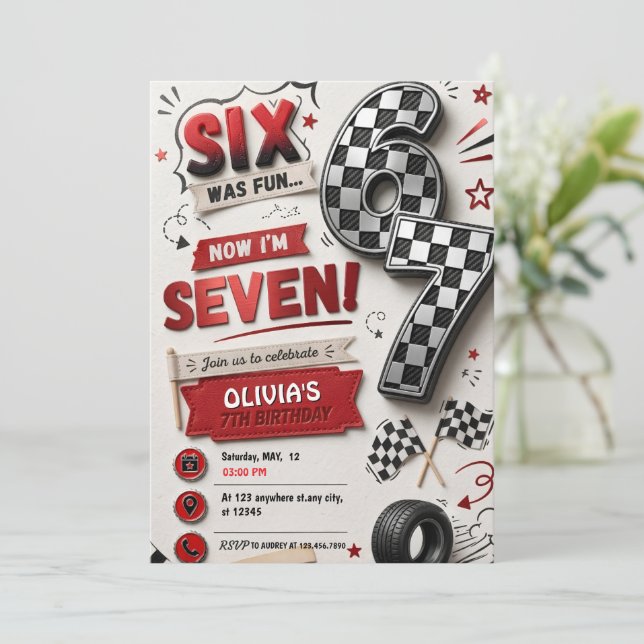 6 7 Meme 7th Birthday Racing seven Birthday Invitation (Standing Front)